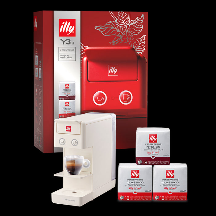 Illy Y3.3 box – macchina da caffè Iperespresso Y3.3 bianca e 3 confezioni di capsule